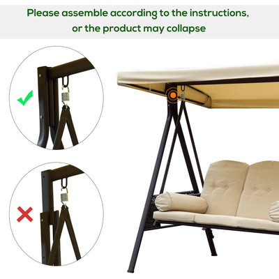 Outsunny Swing Chair Hammock Chair 3 Seater Canopy Cushion Shelter Outdoor Bench Steel Beige 