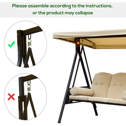 Outsunny Swing Chair Hammock Chair 3 Seater Canopy Cushion Shelter Outdoor Bench Steel Beige 