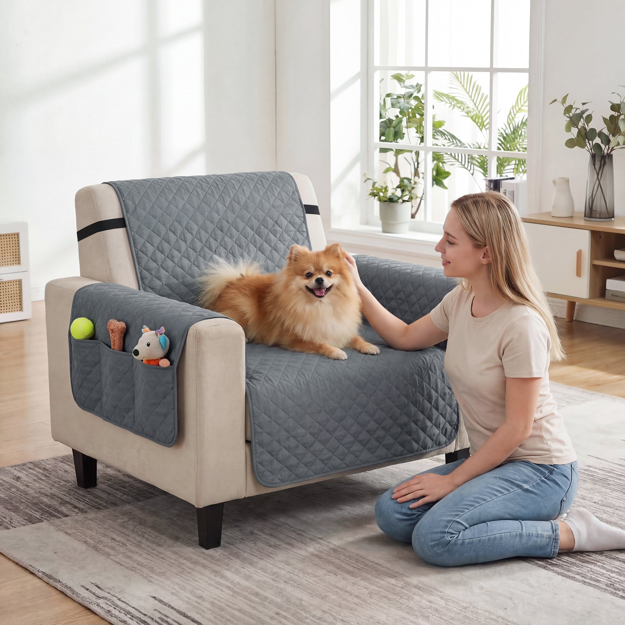 PawHut Waterproof Sofa Cover, Soft Couch Cover for Dogs Cats Pets, Non Slip Sofa Slipcoevr with Elastic Straps 