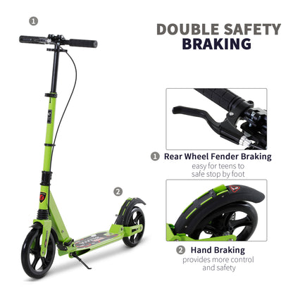 HOMCOM Kick Scooter, Folding 2 Wheel Scooter for 14+ Teens Adults, with Dual Brake System, Dual Suspension, 230mm Big Wheels, 3 Adjustable Handlebar, up to 100KG, Green 