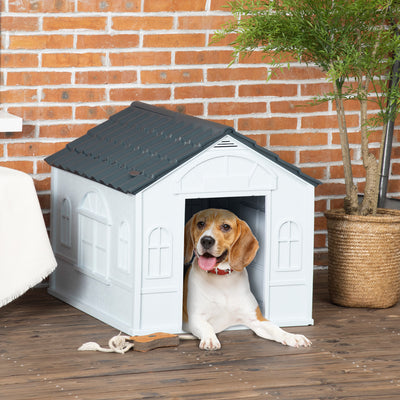 PawHut Plastic Weather-Resistant Dog House, for Indoors and Outdoors, Medium Dogs - Grey 