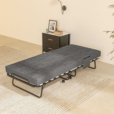 HOMCOM Single Steel Frame Folding Bed, with Wheels - Black/Grey 