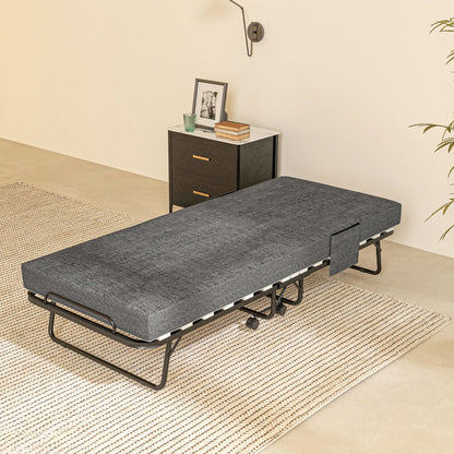 HOMCOM Single Steel Frame Folding Bed, with Wheels - Black/Grey 