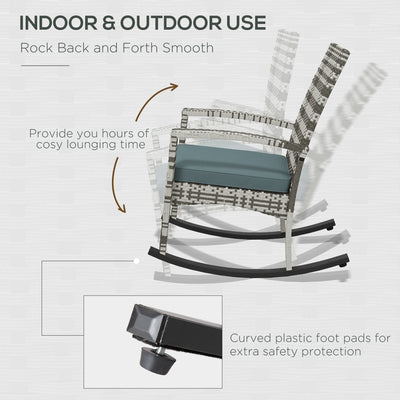 Outsunny Outdoor PE Rattan Rocking Chair, Garden Rocking Chair Set with Armrest and Cushion, Light Grey 