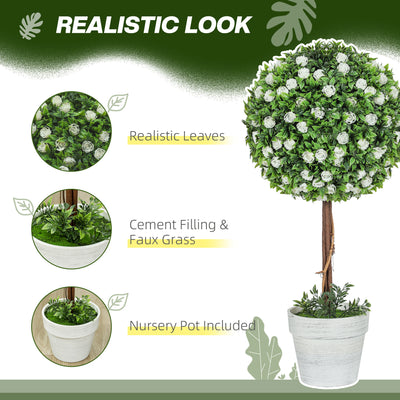 HOMCOM Set of 2 Decorative Artificial Plants, Ball Topiary Tree with Rose Flower in Pot, Fake Plants for Home Indoor Outdoor Decor, 60cm, White 
