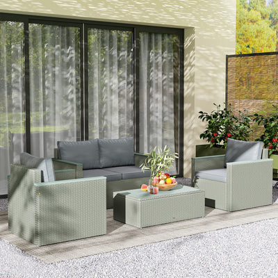 Outsunny 4 Piece Rattan Garden Furniture Set, 4 Seater Wicker Outdoor Sofa Set with 2 Armchairs, Loveseat, Acacia Wood Top Coffee Table, Cushions, Patio Conservatory Set for Balcony, Light Grey 