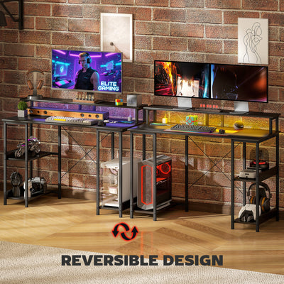 HOMCOM LED Computer Desk, with Power Outlets and Shelves - Carbon Fibre Grey 