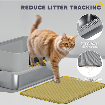 PawHut High Sided Stainless Steel Litter Box, Metal Cat Litter Tray with Metal Scoop, Litter Mat, Never Absorbs Odors, Grey 