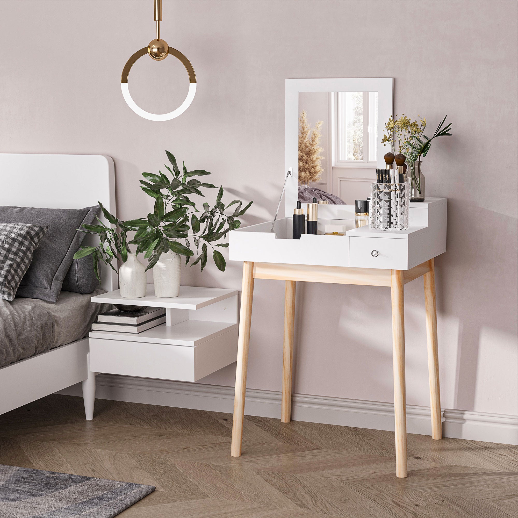 HOMCOM Dressing Table with Flip-up Mirror, Makeup Desk with 2 Drawers, Vanity Table Writing Desk for Bedroom Living Room, White 
