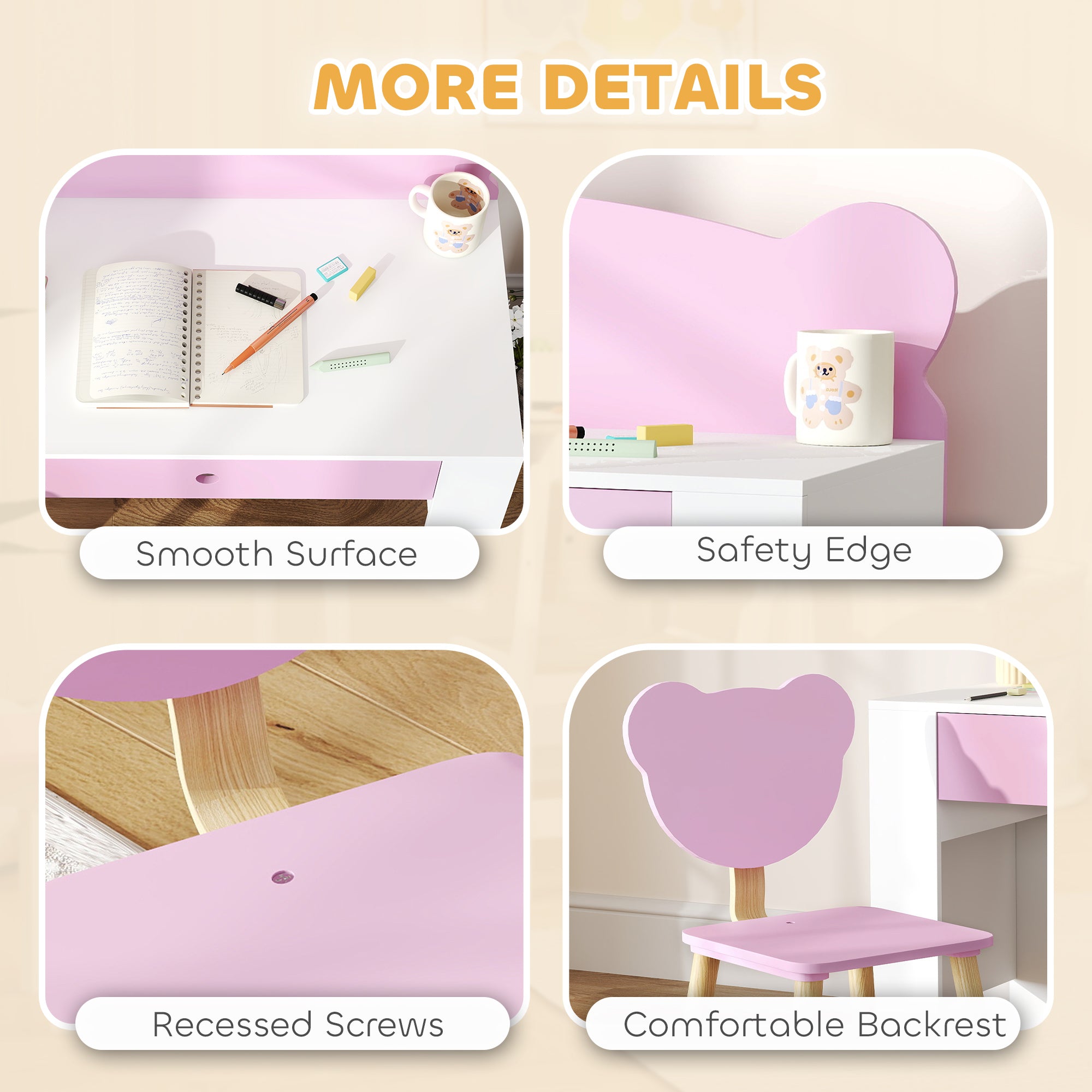 AIYAPLAY Kids Desk and Chair Set with Drawer for Drawing, Reading, Bear Theme Children Furniture for Bedroom, Daycare, Pink 