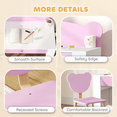 AIYAPLAY Kids Desk and Chair Set with Drawer for Drawing, Reading, Bear Theme Children Furniture for Bedroom, Daycare, Pink 