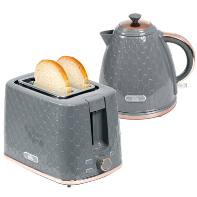 HOMCOM 1.7L 3000W Fast Boil Kettle & 2 Slice Toaster Set, Kettle and Toaster Set with Auto Shut Off, Browning Controls, Grey 