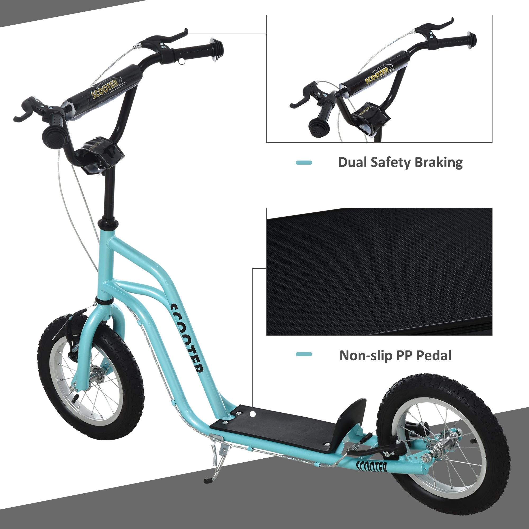 HOMCOM Stunt Scooter, Kids Scooter, 12'' Rubber Tyre Kick Scooter with Adjustable Handlebar, Dual Brakes, Blue 