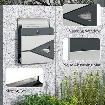 HOMCOM Wall Mounted Post Box with Viewing Window, 2 Lock, Modern Galvanised Steel Mailbox with Copper Core, Weatherproof Letterbox for Outdoor Use, Easy to Install, Silver 