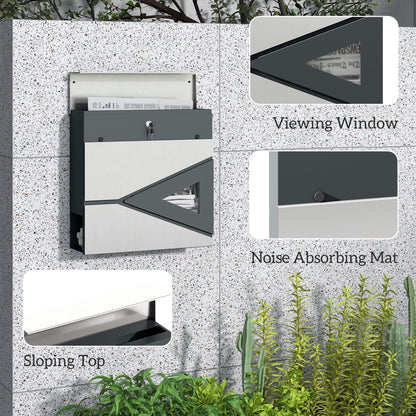 HOMCOM Wall Mounted Post Box with Viewing Window, 2 Lock, Modern Galvanised Steel Mailbox with Copper Core, Weatherproof Letterbox for Outdoor Use, Easy to Install, Silver 