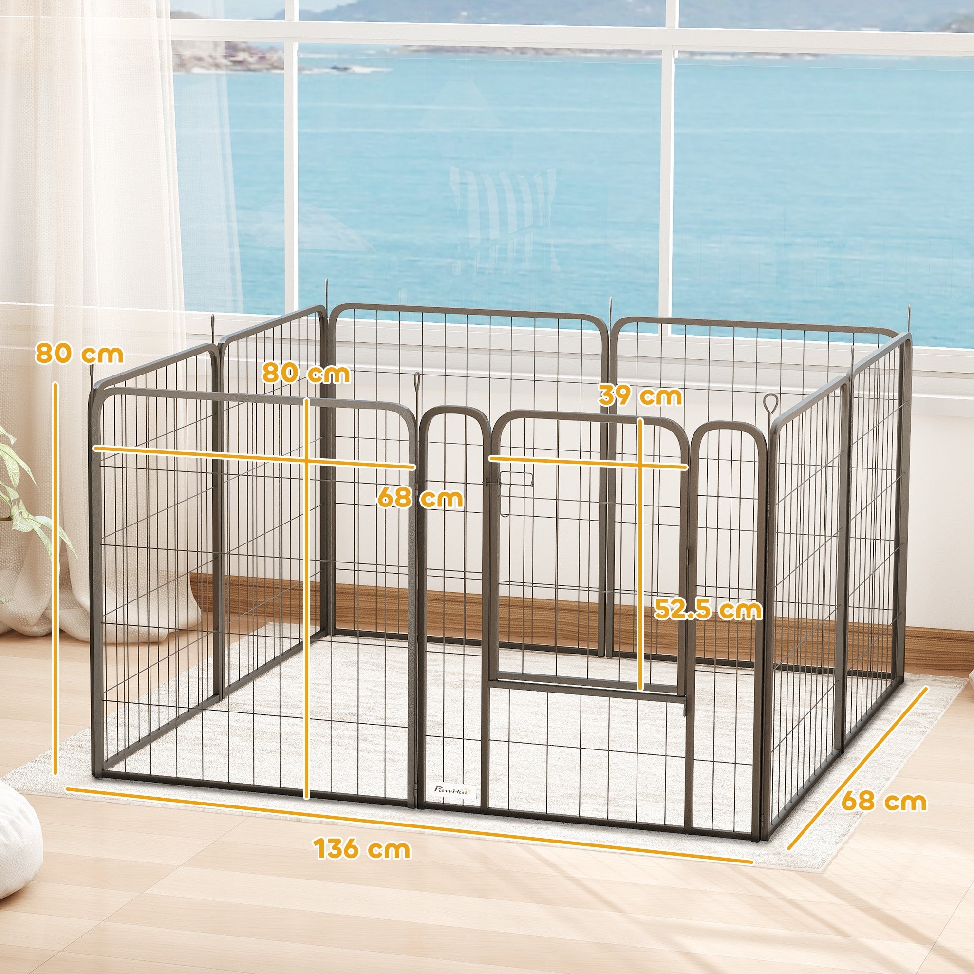 PawHut 8 Panels Heavy Duty Dog Playpen with Door Indoor Outdoor, for Medium Dogs, 80cm High 