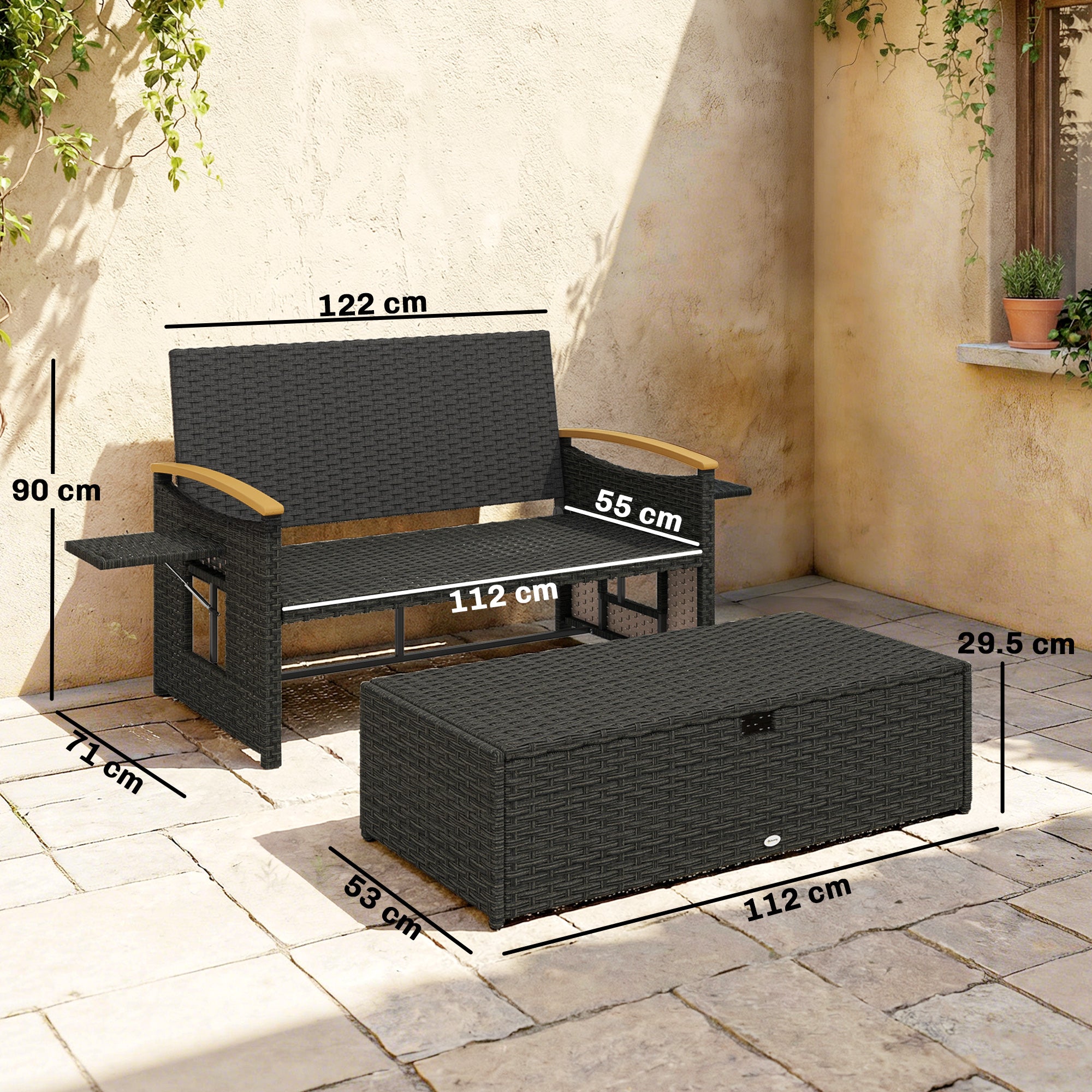 Outsunny Double Garden Rattan Daybed, Wicker Sun Bed Chaise Lounger with Storage Ottoman, 4-Level Adjustable Backrest, Brown 