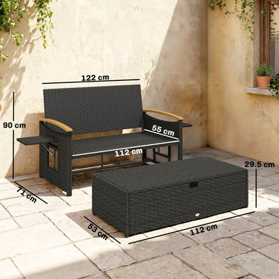 Outsunny Double Garden Rattan Daybed, Wicker Sun Bed Chaise Lounger with Storage Ottoman, 4-Level Adjustable Backrest, Brown 