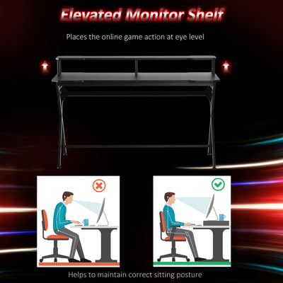 HOMCOM Gaming Desk Writing Racing Computer Table Workstation with Headphone Hook Curved Front Adjustable Feet for Home Office Use 140 x 60cm 