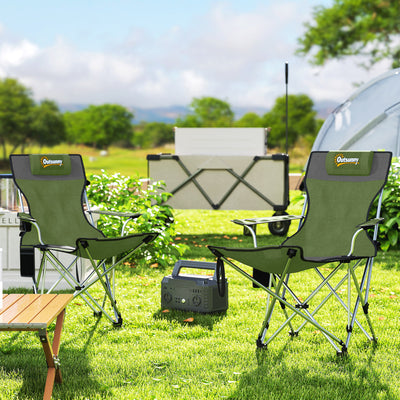 Outsunny Set of 2 Reclining Folding Camping Chair w/ Detachable Footrest, Storage Bag, Cup Holder & Headrest, Lightweight Portable Camp Chair for Beach, Picnic, Olive Green and Grey 