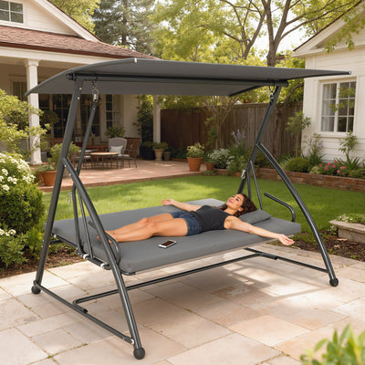 Outsunny Outdoor 2-in-1 Swing Chair Lounger 3 Seater Garden Swing Seat Bed Convertible Tilt Canopy W/ Cushion, Dark Grey 