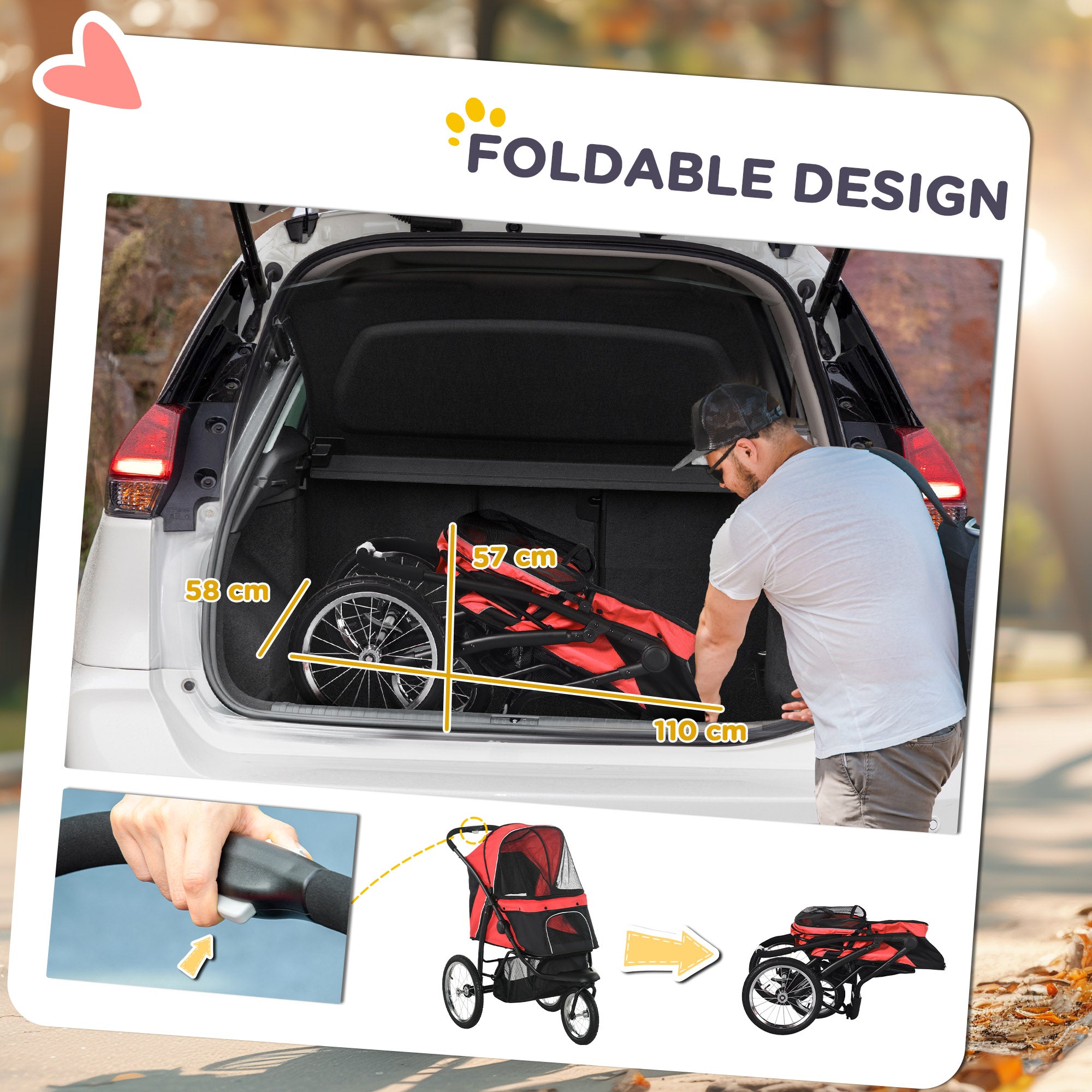 PawHut Foldable Pet Stroller with Three Wheels, for Small, Medium Dogs, Red 