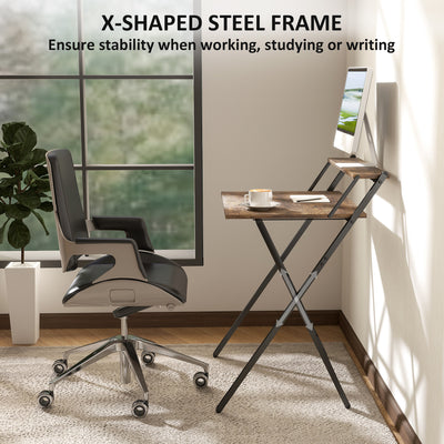 HOMCOM 70 cm Folding Computer Desk with Monitor Shelf - Rustic Brown 