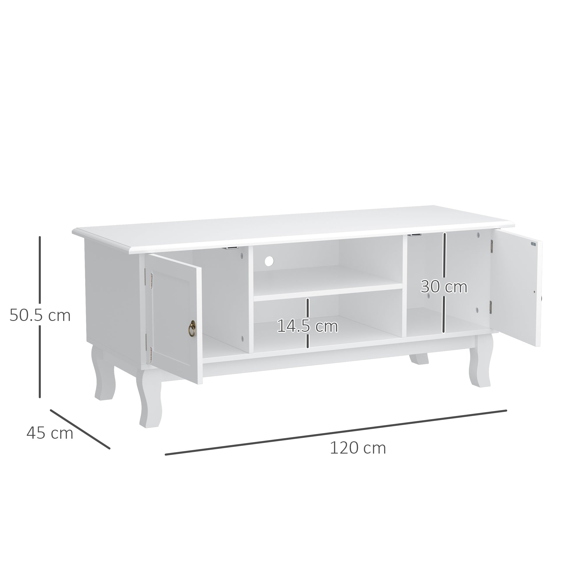 HOMCOM TV Stand for TV up to 55", 2 Doors TV Cabinet with Open Storage Shelves and Cable Management, TV Table Unit for Living Room Bedroom Entertainment Room, 120L x 45W x 50.5H, White 