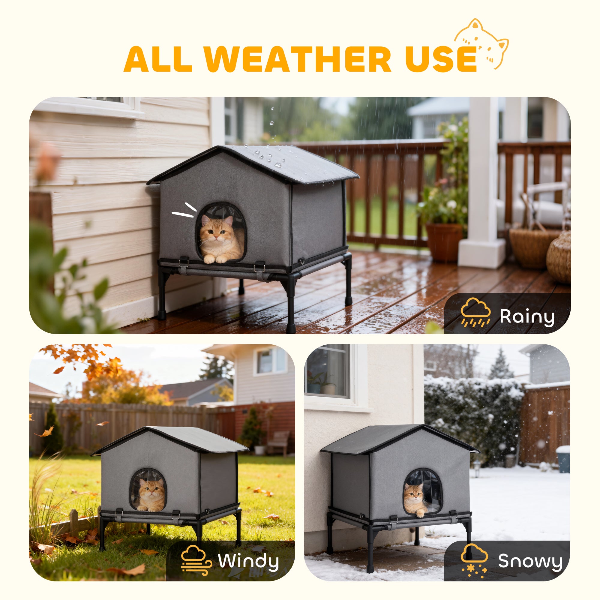 PawHut Outdoor Cat House, Waterproof Insulated Cat Kennel with Elevated Base, Foldable Feral Kitty Shelter for Kittens, Grey 