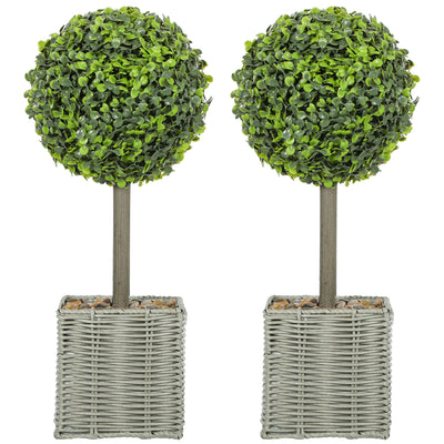 HOMCOM Set of 2 Decorative Artificial Plants, 50cm Faux Boxwood Topiary Balls with Woven Plastic Pot and Pebbles, Fake Plants for Home or Office Decor, Green 