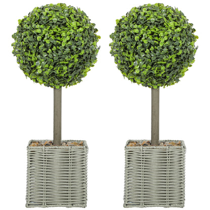 HOMCOM Set of 2 Decorative Artificial Plants, 50cm Faux Boxwood Topiary Balls with Woven Plastic Pot and Pebbles, Fake Plants for Home or Office Decor, Green