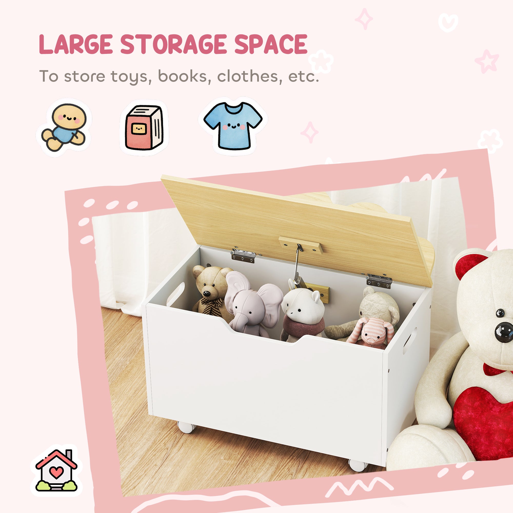 AIYAPLAY Toy Box with Lid, Toy Chest with Wheels and Safety Hinges, Toddler Storage Organiser for Playroom, Bedroom, White 