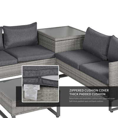 Outsunny 4 Pieces Rattan Garden Furniture Set, 4 Seater Garden Sofa Set with Storage Box, Loveseats and Glass Top Table, Wicker Outdoor Conservatory Furniture with Cushions for Outdoor, Patio, Grey 