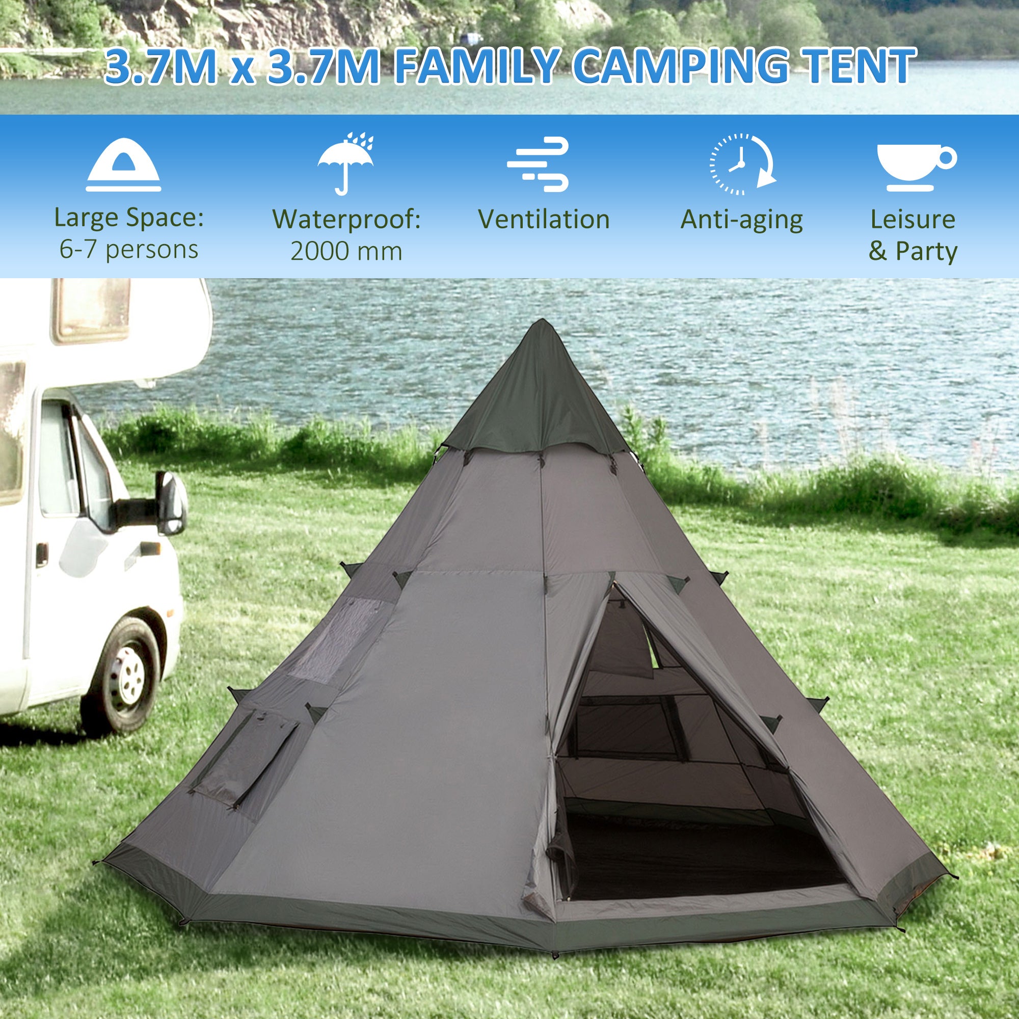 Outsunny 6 Men Tipi Tent with Carry Bag - Grey 