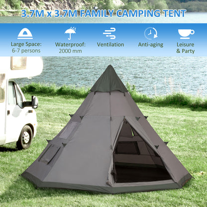 Outsunny 6 Men Tipi Tent with Carry Bag - Grey 