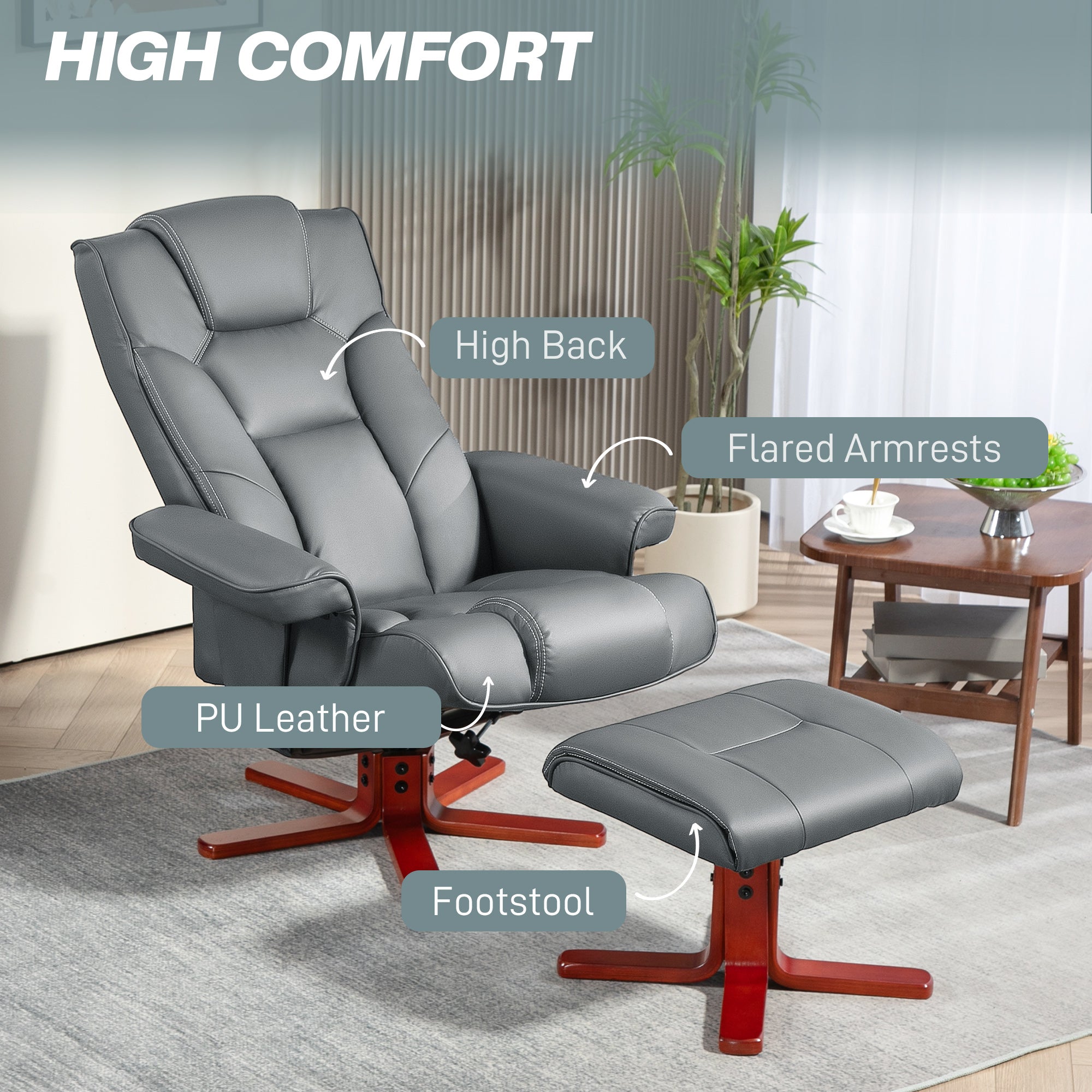 HOMCOM Faux Leather Manual Recliner and Footstool Set - Grey 