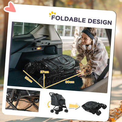 PawHut Pet Stroller Pushchair Foldable Travel Dog Cat Carriage w/ Reversible Handle Brake Basket 