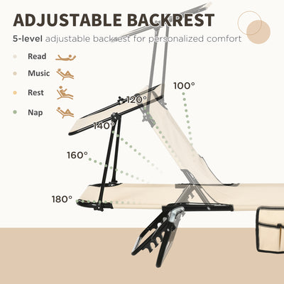 Outsunny 2 Piece Folding Sun Loungers with Canopy, Adjustable Recliner Garden Chairs with Side Pocket, Steel Frame and Breathable Mesh for Outdoor, Pool, Beach, Garden, Tan Brown 