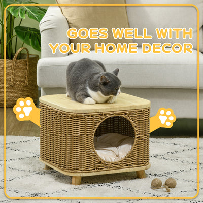 PawHut Elevated Design Wicker Cat House with Washable Cushion, Light Brown 