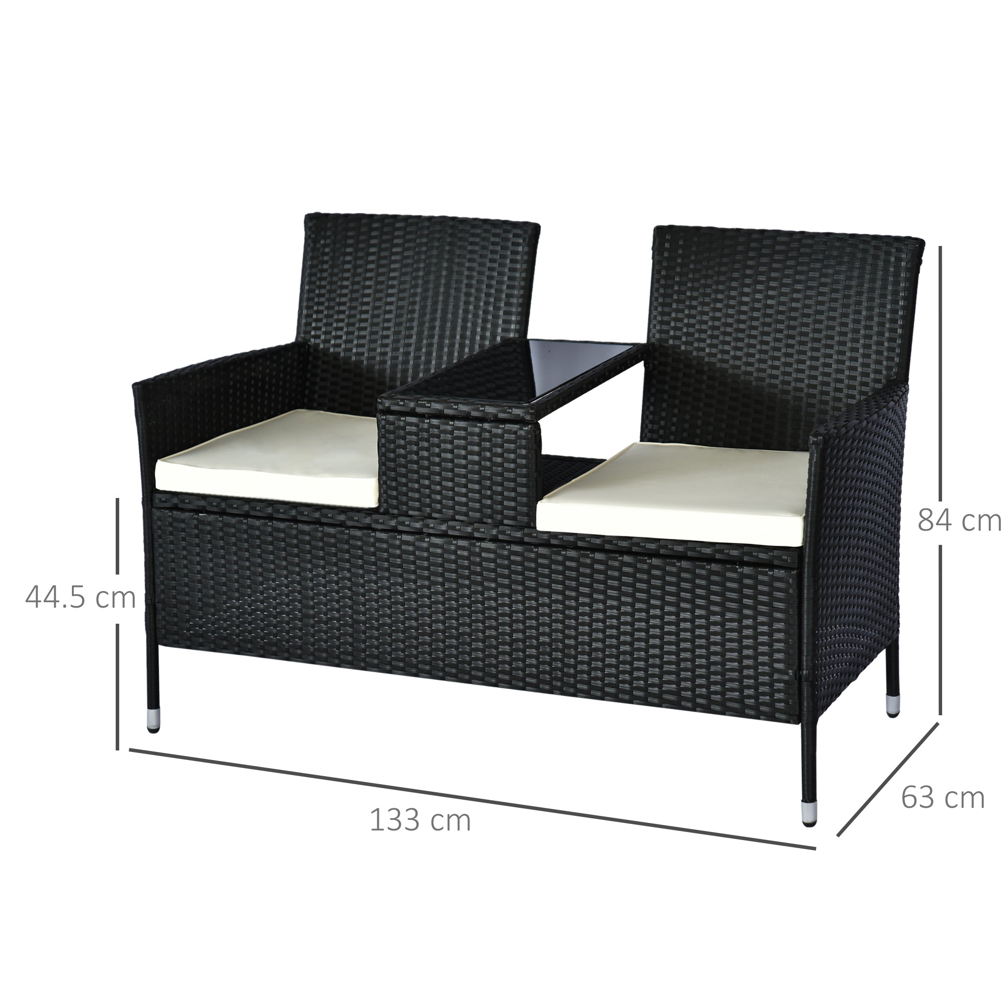 Outsunny 2 Seater Rattan Campanion Chair Wicker Loveseat Outdoor Patio Armchair with Drink Table Garden Furniture - Black 