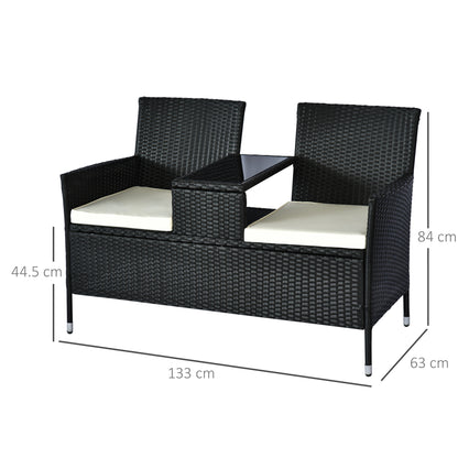 Outsunny 2 Seater Rattan Campanion Chair Wicker Loveseat Outdoor Patio Armchair with Drink Table Garden Furniture - Black 