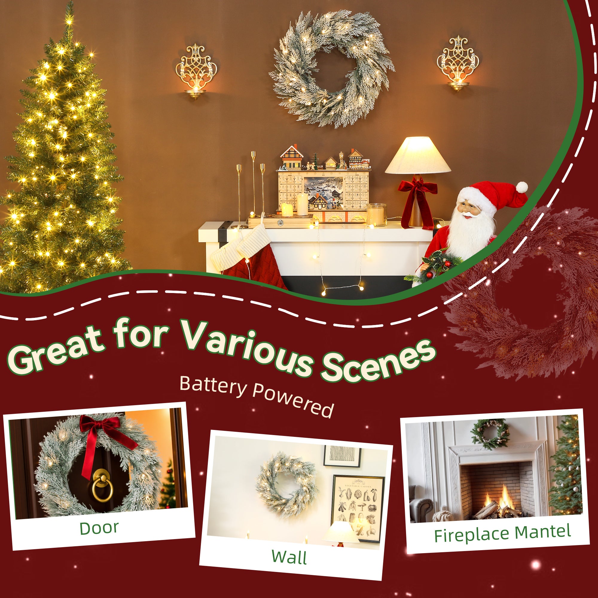 HOMCOM 60cm/ 24inch Flocked Prelit Christmas Wreath