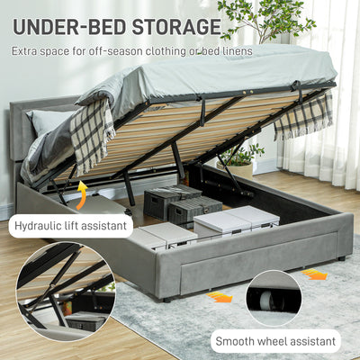 HOMCOM King Size Ottoman Bed Frame, with Front Drawer - Grey 