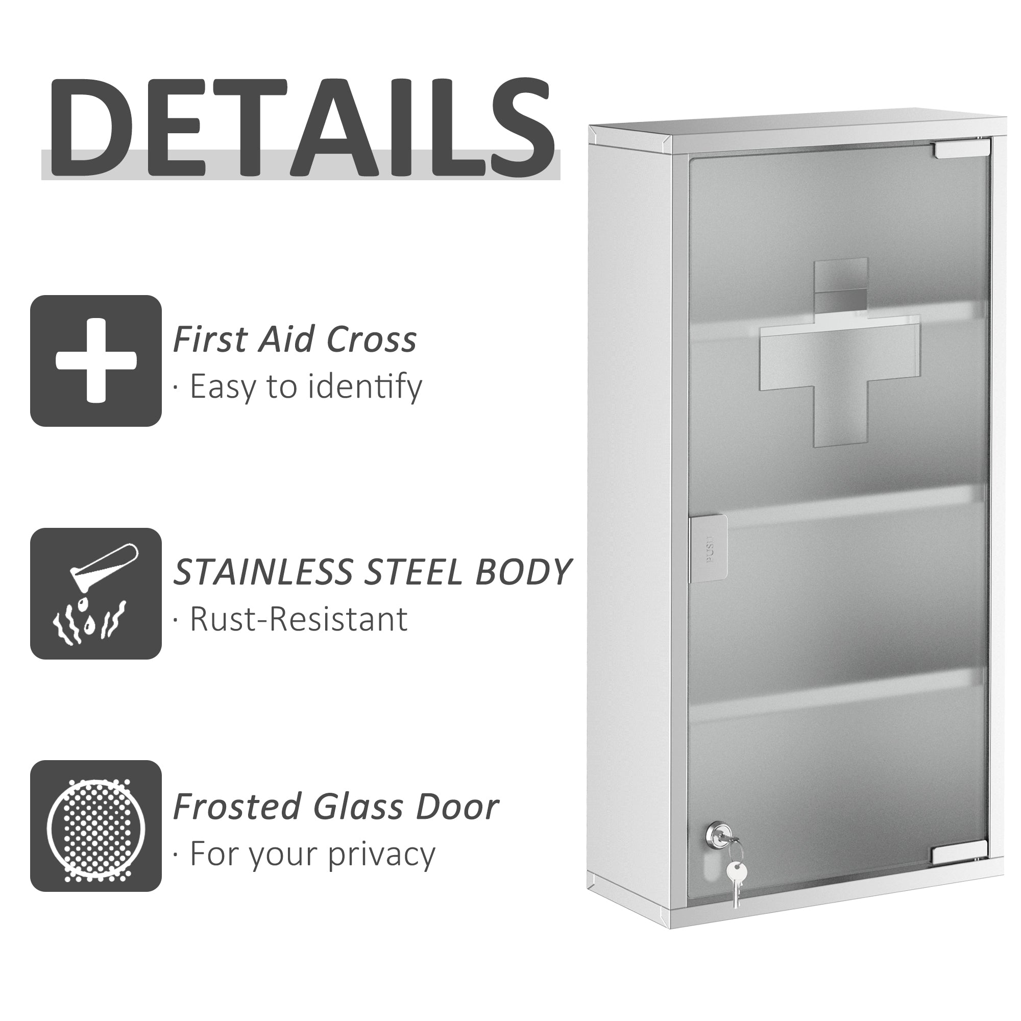 HOMCOM 4 Tier Stainless Steel Wall Mounted Medicine Cabinet Glass Lockable Door Storage Shelves Houseware Bathroom Furniture 60Hx30Wx12D(cm) w/2 Keys 