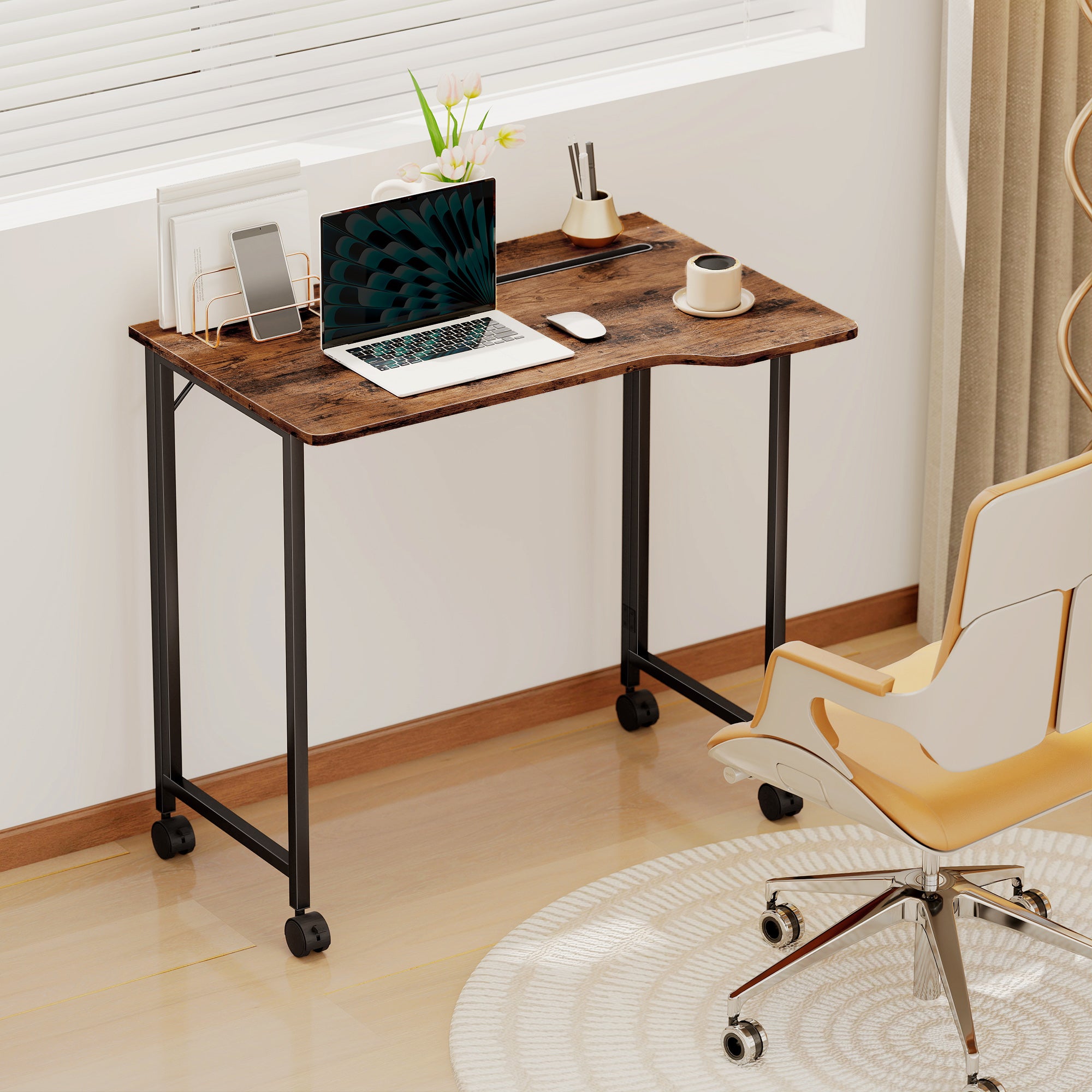 HOMCOM Folding Small Desk on Wheels - Rustic Brown 