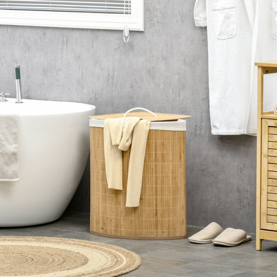 HOMCOM Bamboo Laundry Basket with Lid, 55 Litres Laundry Hamper with Removable Washable Lining,  Corner Washing Baskets, 38 x 38 x 57cm, Natural 