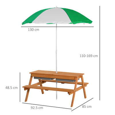 Outsunny Kids Picnic Table with Benches, Wooden Sand and Water Table, Adjustable Parasol, Storage Bins, for Kids 3-6 Years, Brown 