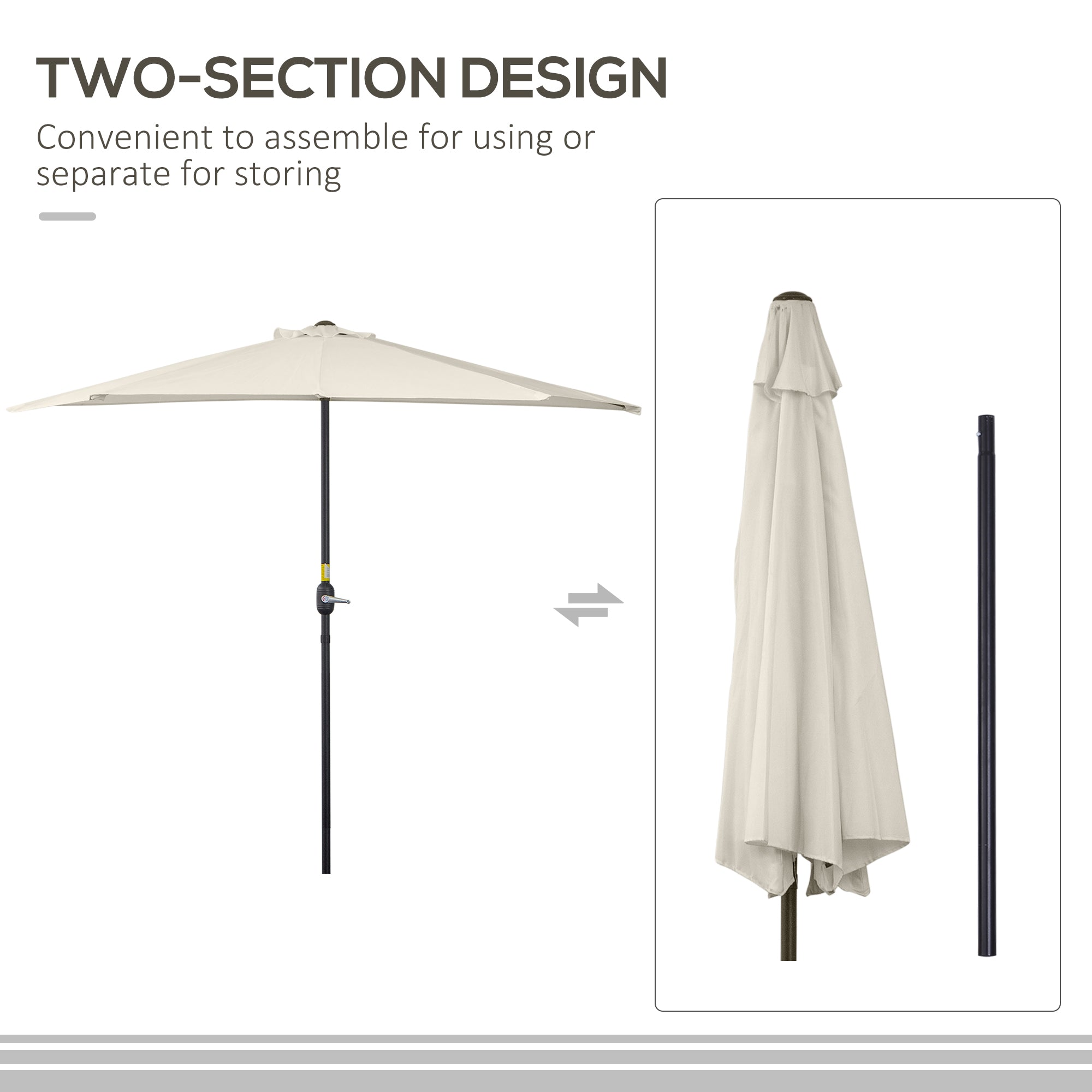 Outsunny 3(m) Half Parasol, Semi Round Umbrella with Metal Frame, Crank Handle for Balcony, Garden, Cream White 