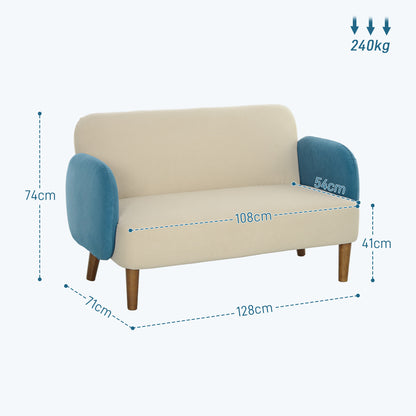 HOMCOM Two-Seater Velvet-Feel Mid Century Sofa - Cream/Blue 