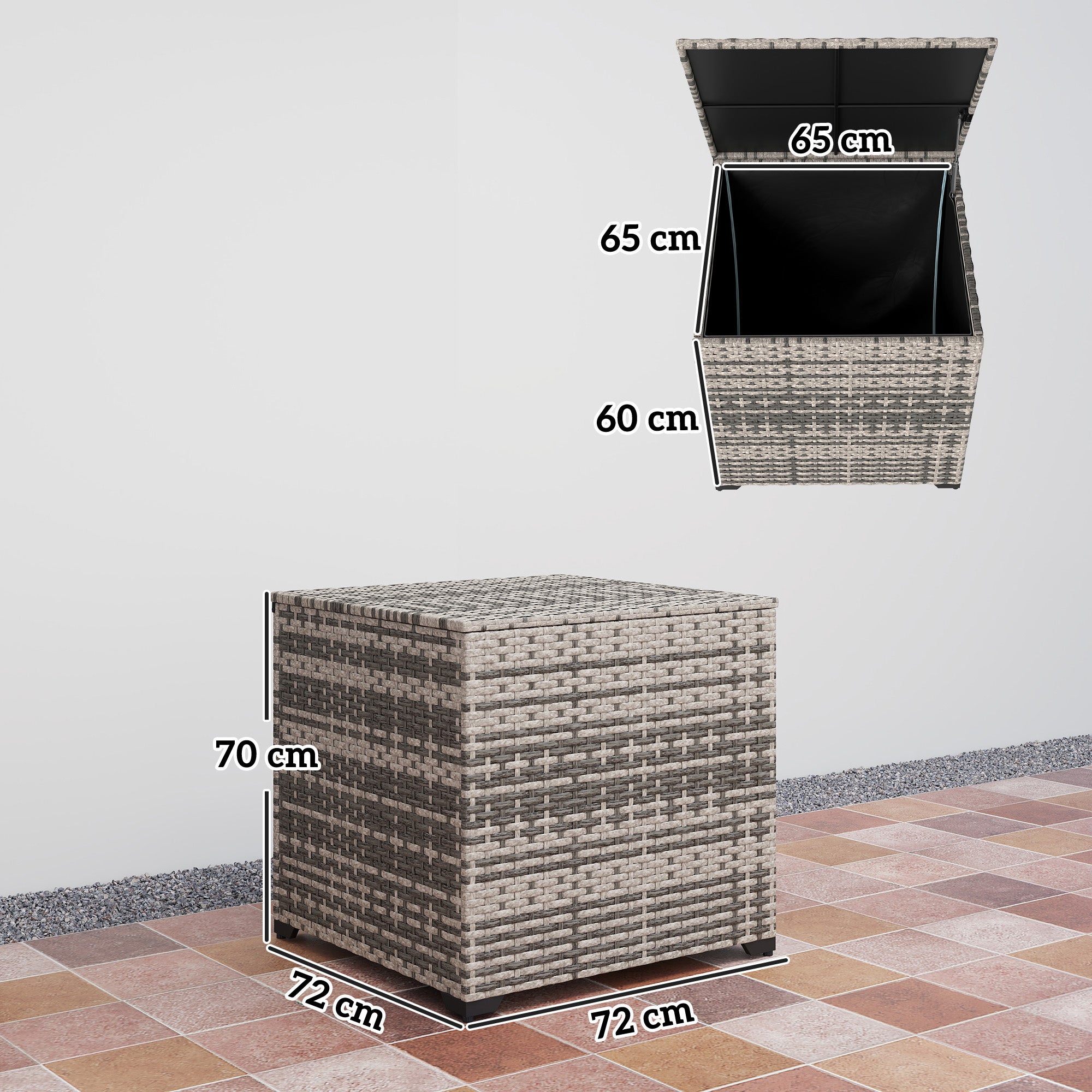 Outsunny 253L Garden Storage Box, Rattan Deck Box with Zipped Liner, Safe Pneumatic Rod, Patio Storage Container, Mixed Grey 